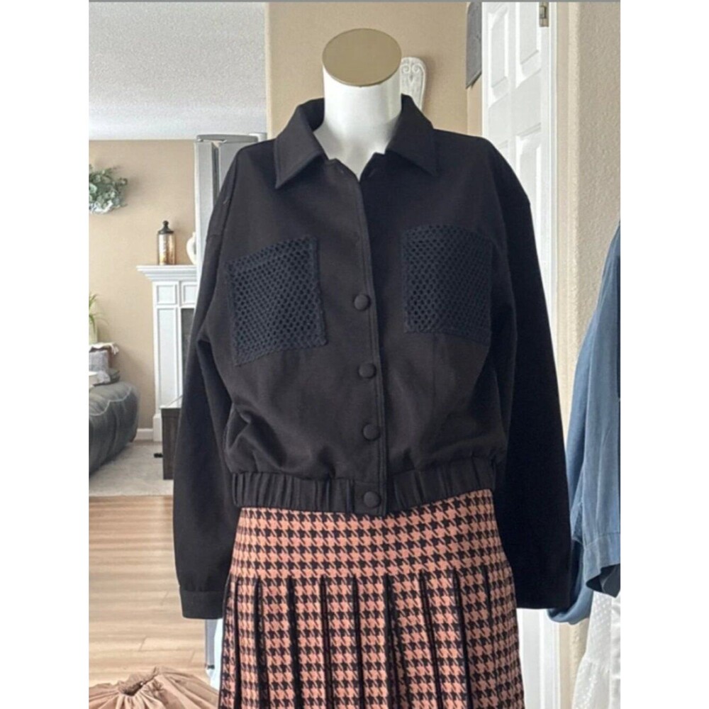 Aleeza Paris Bomber Jacket XS Black Mesh Pockets Collared Button Lightweight NWT